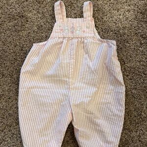 Pink & White Seersucker Bunny Embroidered Baby Overalls 3–6 Months